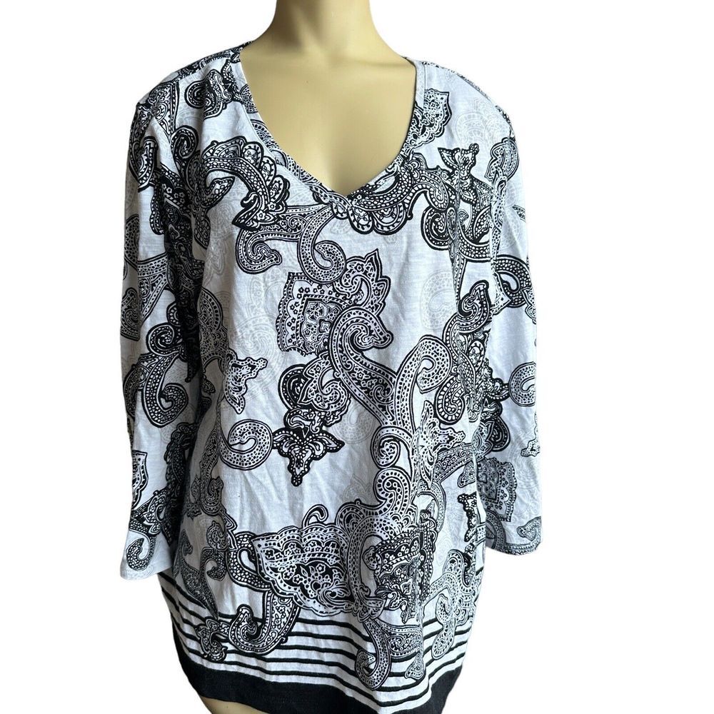 Chico's Zenergy Blouse Shirt 3 US 16/18‎ Roll Tab Sleeves Black White Paisley